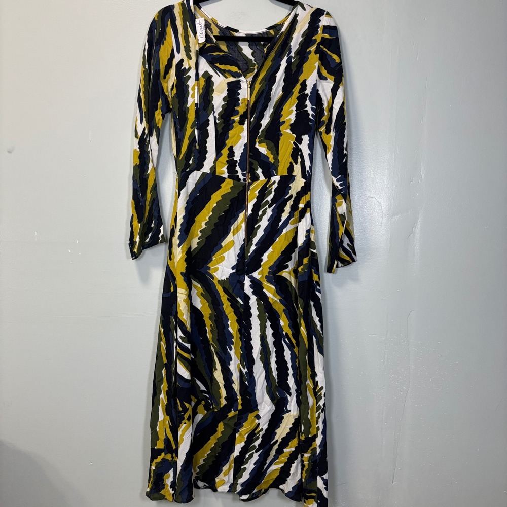 Closet London Long Sleeve Abstract Print Midi Dress Yellow Blue Green US 6